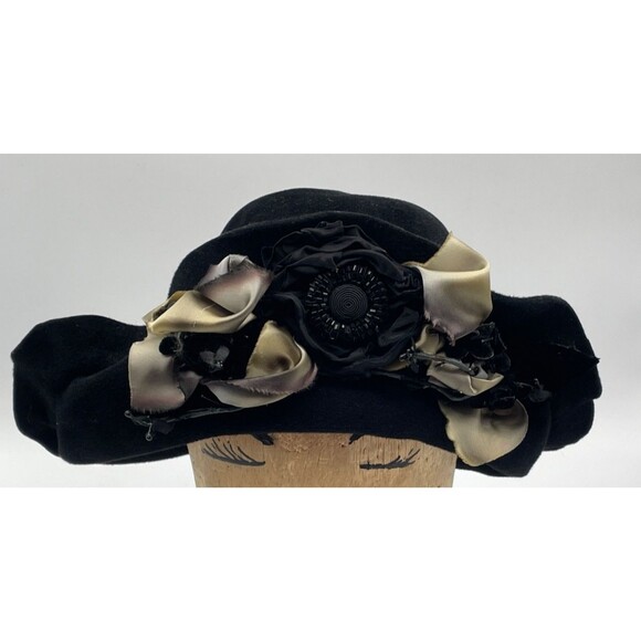 Louise Green Black Wide Brim Hat OS Black Felt with Ombre Ribbon & Bow Handmade main image 8